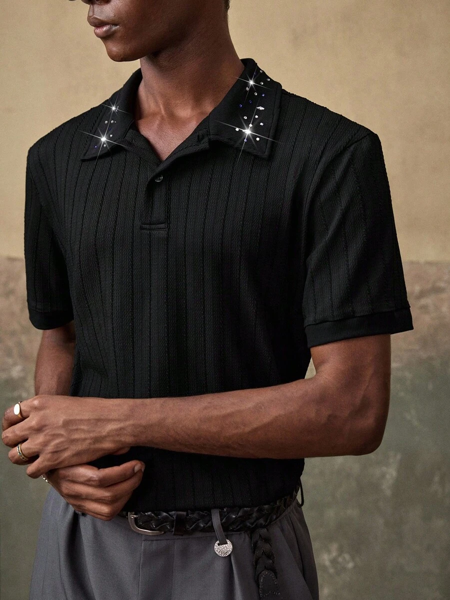 AKNOTIC 男士针织休闲宽松短袖 Polo 衫 - 黑色 - 查看 1