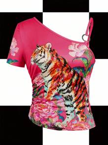 Y2Kool BiGraphic Y2K 风格粉色动物老虎花卉印花休闲性感单肩衬衫上衣，适合夏季、秋季、度假、派对、日常穿着女式老虎上衣单肩夏季上衣图案上衣 - 粉色 - 查看 1