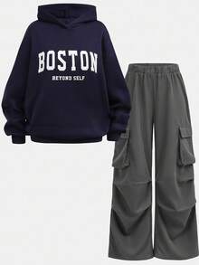 SHEIN 2件套青少年女孩纯色字母印花连帽运动衫和工装裤休闲装 - 藏蓝色 - 查看 13
