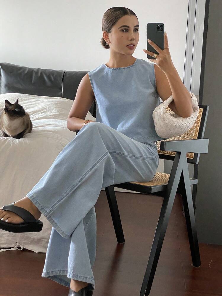 Women's Round Neck Sleeveless Washed Shirt & Loose Distressed Denim Set