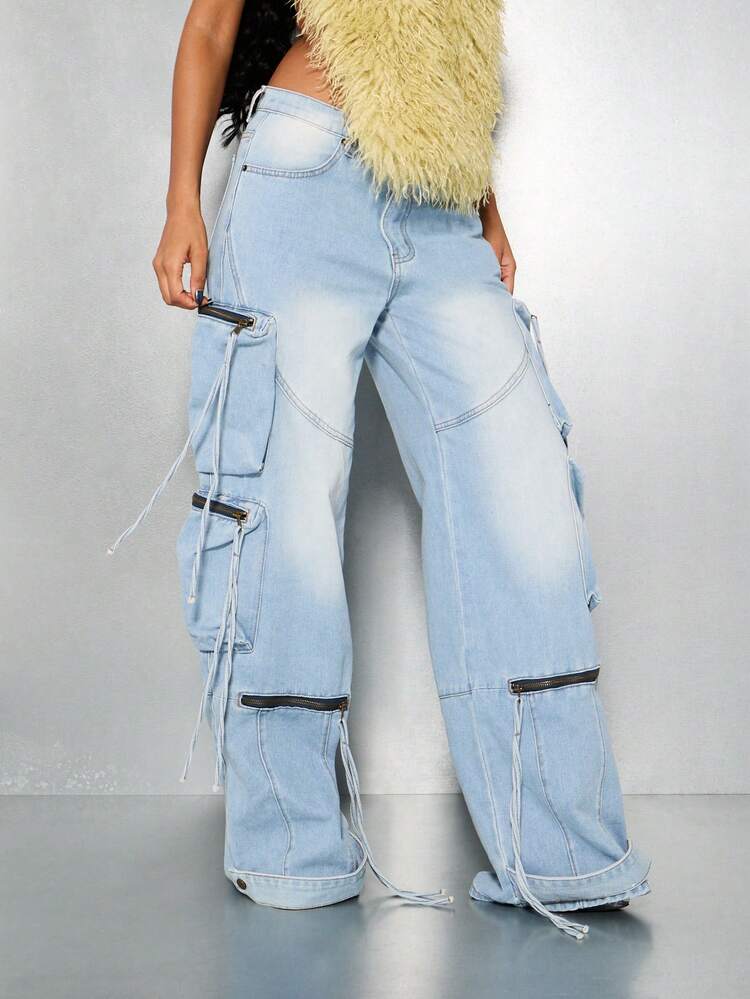 SUMWON WOMEN Wide Leg Cargo Denim With Multi Pockets And Zippers