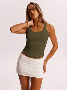 SHEIN BAE 夏季针织条纹圆领简约休闲上衣，适合早午餐、外出、约会、通勤休闲、邮轮旅行等场合，女士款，伊比沙岛 - 軍綠色 - 查看 3