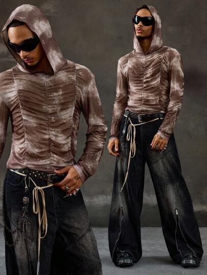 Grunge Punk Herren Wasteland Stil Mesh Langarm T-Shirt & Kapuzen T-Shirt