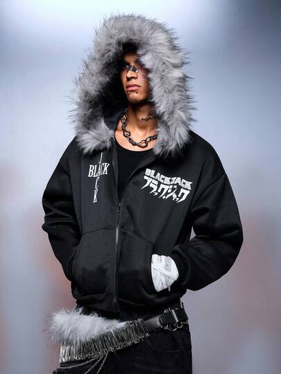 Black Jack X ROMWE Men's Loose Letter Graphic Fuzzy Trim Hooded Sweatshirt, Fall Winter