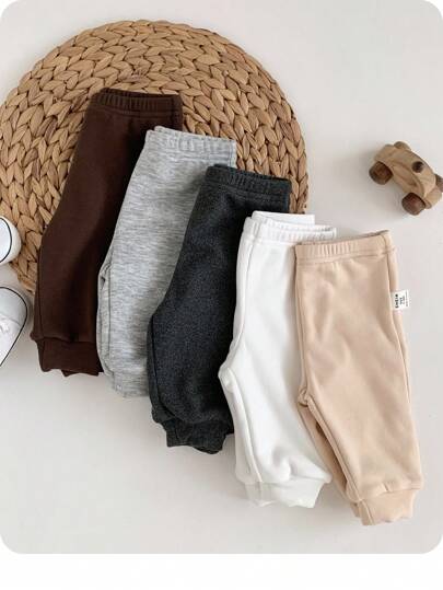 5pcs Newborn Baby Boy/Girl Casual Solid Color Elastic Waist Pants, Autumn/Winter Fall