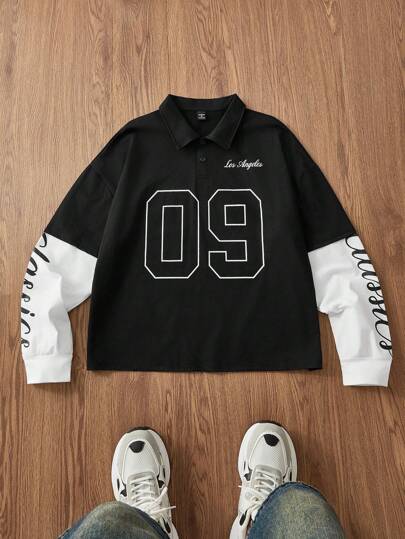 Manfinity Unisex Men's Lightweight Casual Polo Shirt With Screen-Printed Contrast Color Collar, Spring/Autumn