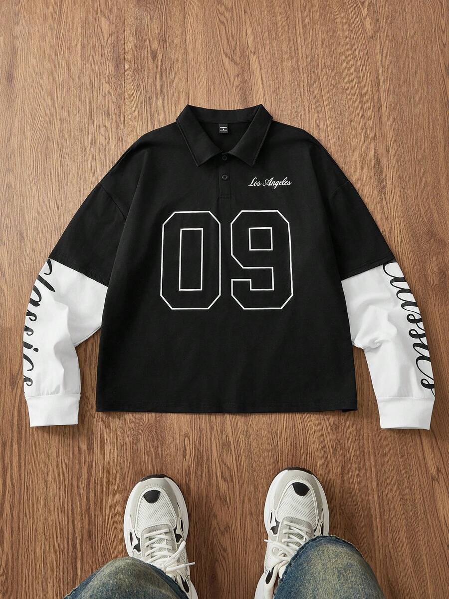 Manfinity Unisex Men's Lightweight Casual Polo Shirt With Screen-Printed Contrast Color Collar, Spring/Autumn