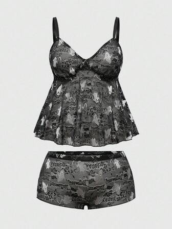 Goth Gothic Dark Halloween Ghost Lace Print Plus Size Sexy Lingerie Set For Women