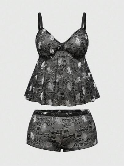 Gothic Dark Halloween Ghost Lace Print Plus Size Sexy Lingerie Set For Women