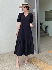 DAZY 泡泡袖荷叶边下摆罩衫连衣裙太阳裙