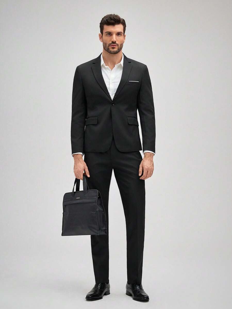 Officeau 男士长袖西装外套，撞色领口，搭配西裤，适合商务场合，四季皆宜，正式商务装，经典富贵风格，搭配西裤 - 黑色 - 查看 1