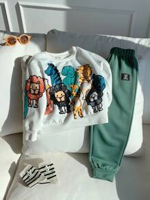 SHEIN 2 件套年轻男童可爱休闲舒适蜡笔动物印花圆领运动衫和慢跑裤套装，适合外出、日常聚会、秋冬季 - 彩色 - 查看 4