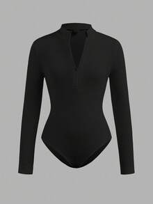 SHEIN Girlism 2pcs Tween Girls' Casual Fashion Ribbed Stand Collar Half-Zip Long Sleeve Bodysuit & Pants Set, Black & White, Suitable For Weekend And Casual Outings, Bodysuits For Teen Girls, Tight Fitted Tops, Zip Up Bodysuit Fall Winter - Multicolor - View 13