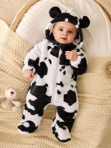 SHEIN Newborn Baby Boy/Girl Toddler Thick Fleece Cow Print Romper, Comfortable Versatile Simple Cow Style All-Match Outfit, Suitable For Indoor, Outdoor, Daily, Sports, Play, Party, Photo Shoot, Holiday, Halloween In Autumn/Winter - Black and White - View 3
