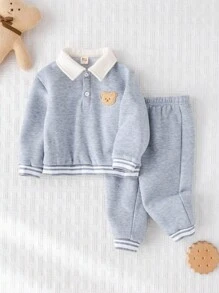 Cozy Pixies 2 件套男婴卡通熊图案保暖内衬圆领运动衫和松紧腰裤套装 - 灰色 - 查看 9