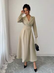 Elenzga Váy dài tay cổ bẻ thanh lịch, lãng mạn cho kỳ nghỉ và công sở - Màu Khaki - Xem 4