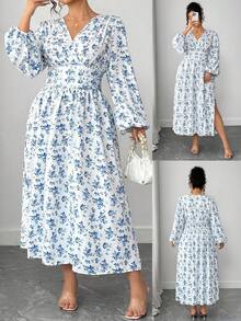 Elenzga Plus Size Women's Elegant Lantern Sleeve Split Thigh Ditsy Floral Crossed V-Neck Maxi Dress Fall Cloth For Women - Blue and White - View 1