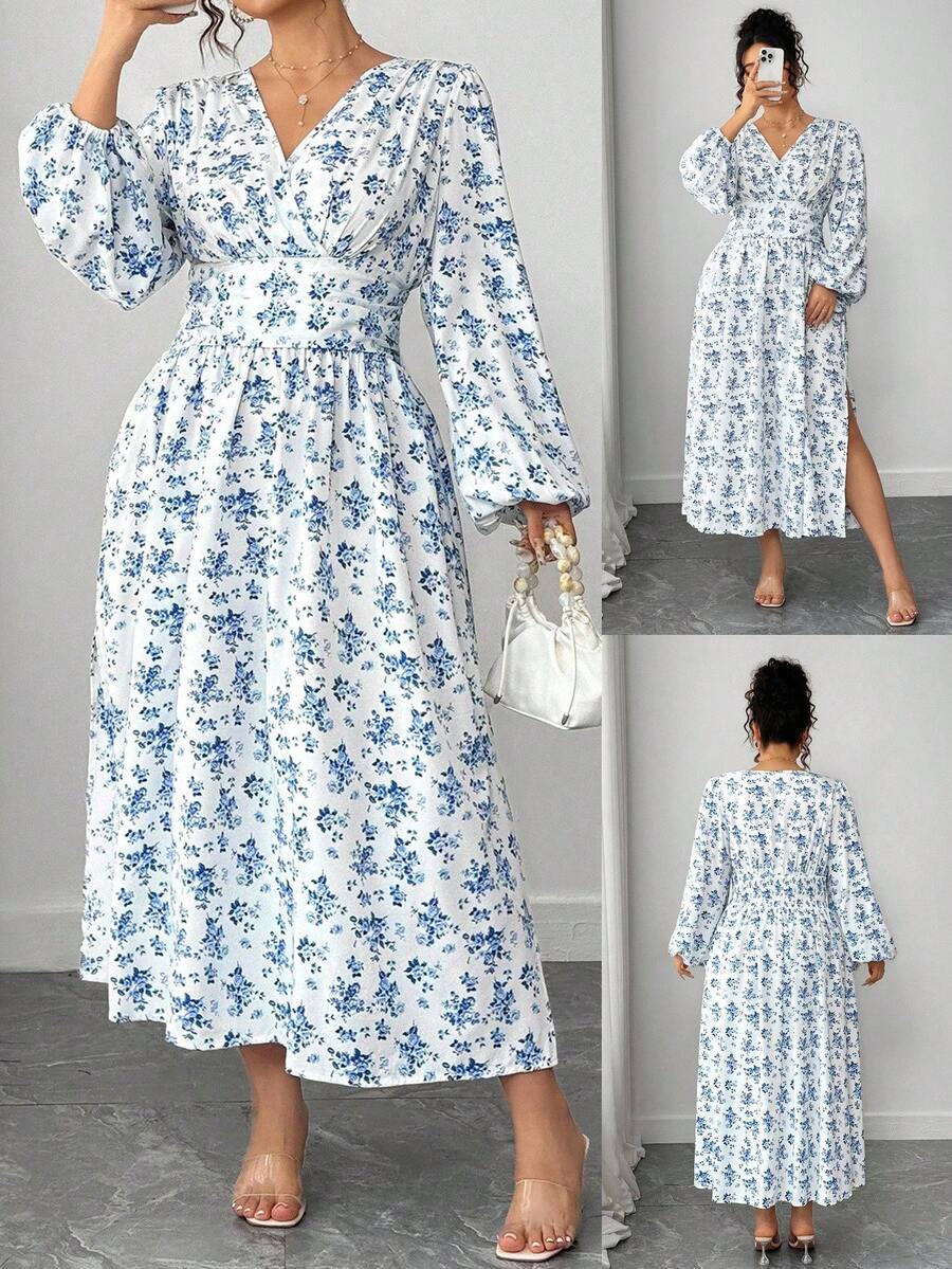 Elenzga Plus Size Women's Elegant Lantern Sleeve Split Thigh Ditsy Floral Crossed V-Neck Maxi Dress Fall Cloth For Women - Blue and White - View 1