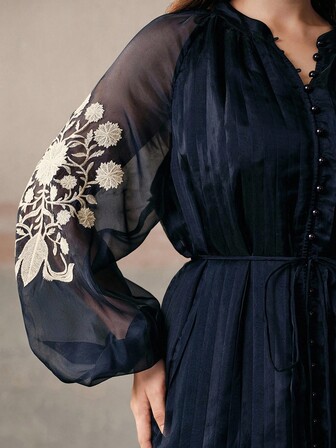 Anewsta Plus Size Women's Long Dress With Button Front, Pleated Embroidered Floral Design, Elegant Style, Spring/Autumn