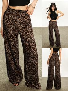 INAWLY Y2K Style Leopard Print Lace Trim Casual Pants Fall Cloth For Women - Multicolor - View 1