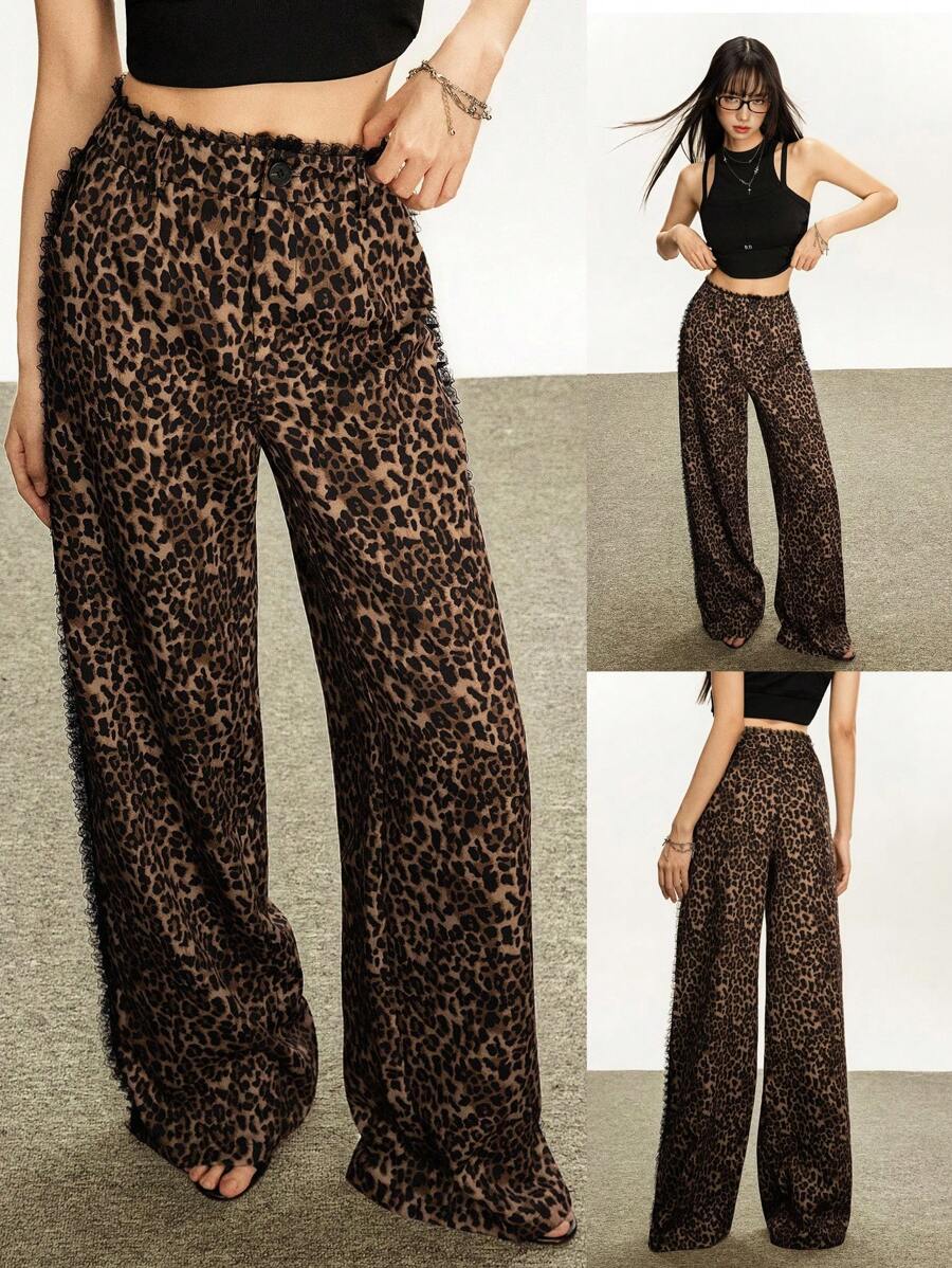 INAWLY Y2K Style Leopard Print Lace Trim Casual Pants Fall Cloth For Women - Multicolor - View 1