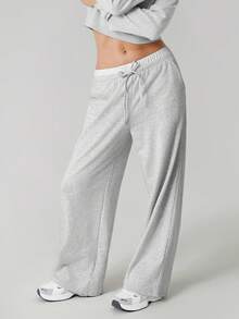SHEIN PETITE 女士小码抽绳腰带口袋阔腿宽松休闲灰色棉质运动裤 - 灰色 - 查看 1