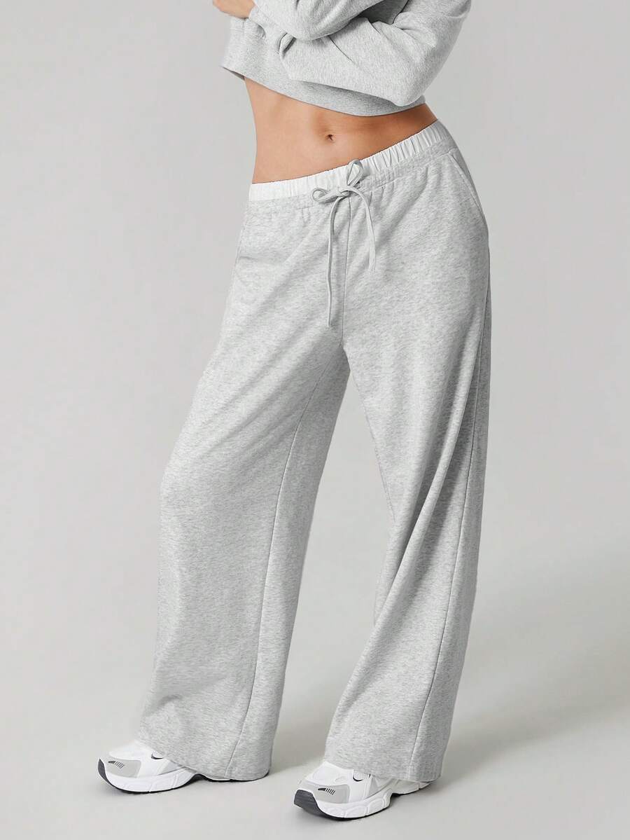 SHEIN PETITE 女士小码抽绳腰带口袋阔腿宽松休闲灰色棉质运动裤 - 灰色 - 查看 1