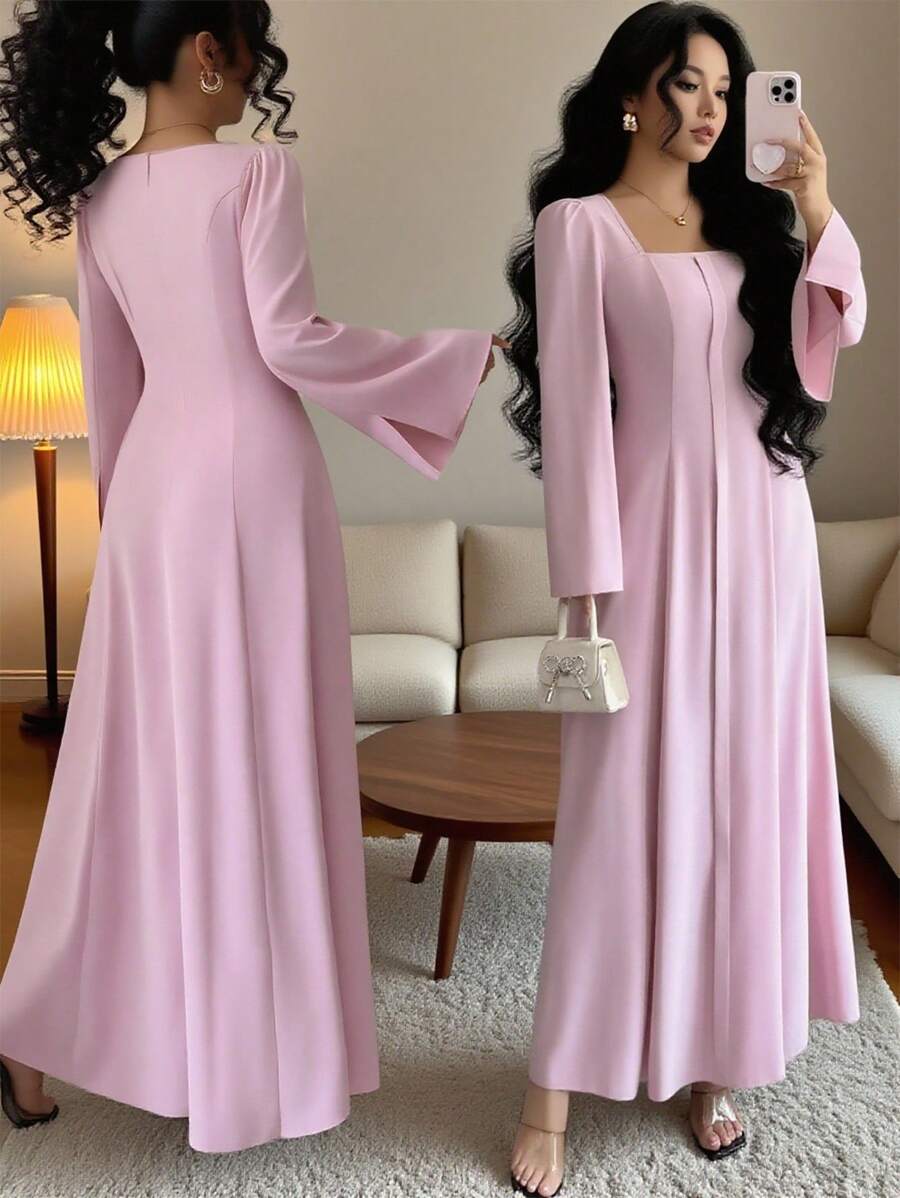 Elenzga Váy chữ A cổ vuông thanh lịch và lãng mạn dành cho nữ, Váy đi chơi, Thắt chặt eo, Váy nữ mùa thu đông, Trang phục sang trọng cho nữ, Quần áo nữ mùa thu, Quần áo mùa đông kín đáo cho nữ - Hồng - Xem 1