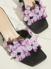 SHUZIA Black,Mules, Slide Sandal, Butterfly, Kitten Heels, Square Toe, Rhinestone - Black - View 5