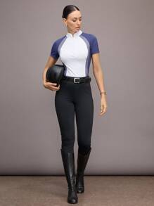 Activina Riding Tops Women Women's Contrast Color Raglan Short Sleeve Button Half Placket Equestrian Top, Horse Riding Apparel Women - Blue and White - View 3