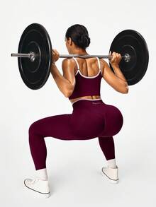 Seamluxe SHEIN Sport 女式短款吊带背心和高腰紧身裤运动套装健身套装 - 酒紅色 - 查看 3