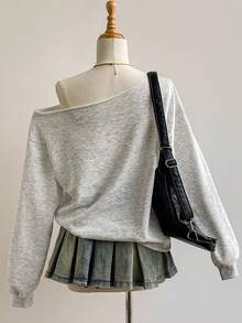 Elamini 灰色斜纹面料卫衣，花卉格子镂空刺绣，美国国旗刺绣，斜肩，宽松版型，罗纹袖口和下摆，休闲复古街头风格，适合秋季日常穿着 - 灰色 - 查看 2