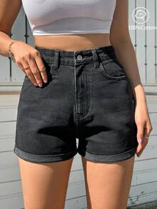 EURMUSE 100%Cotton HIGH WAIST BLACK ROLL UP HEM JEAN SHORT - Black - View 5