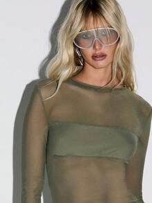 KIZN Mesh Long Sleeve Ruched Mini Dress See Through Party Club Dress Sheer Overlay Bandeau Top Gathered Skirt Fashion Statement Bodycon Evening