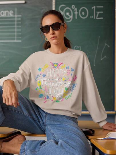 Shutterstock Glamance Women's Crew Neck Sweatshirt, Apricot Color Sweatshirt, Suitable For Teachers' Day And Back To School Season, Autumn Teachers Day Gift Graphic Sweatshirts For Women Happy Teacher Day Sweatshirt Teacher Sweatshirts