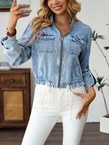 EMERY ROSE Mature Denim New Women's Stand Collar Center Front Zipper Hem Waisted Loose Coat Long Sleeve Denim Jacket, Work Light Blue Fall Going Out Office Work Y2k Fall Jacket Concert Winter Work - Medium Wash - View 7