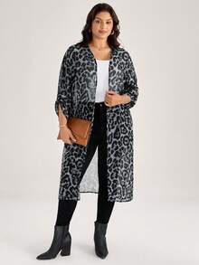 SHEIN LUNE Plus Size Women Leopard Print Lightweight Adjustable Sleeve Long Jacket - Grey - View 7