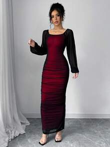 Elenzga Đầm lưới thêu tay dài thanh lịch dành cho nữ, cổ tròn, ren tương phản - Đỏ - Xem 5