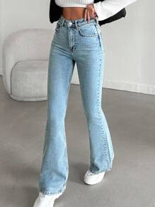 EURMUSE Women High-Waisted Pocket Design Flared Casual Versatile Jeans - Light Wash - View 3