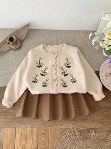 Emery Rose Kids Emery Rose Kids Young Girls 2pcs Set: Embroidered Sweater Cardigan & Contrast Color Skirt, Suitable For Picnic, Home, Casual Daily, Back To School, Warm & Comfortable, Suitable For Autumn/Winter, Long Sleeve Cardigan, Contrast Skirt, Embroidered Sweater Toddler Girl Clothes Set Baby Girl Flower Outfit Set Toddler Girl Floral Outfit 2pcs Set Toddler Girls Girls Knit Set 2pcs Set Toddler Girls Cute Vintage Style Toddler Girl Sweater Set Toddler Girl Spring Outfit Baby Girl Floral Outfit Set 2 Piece Knit Set Todd Fall