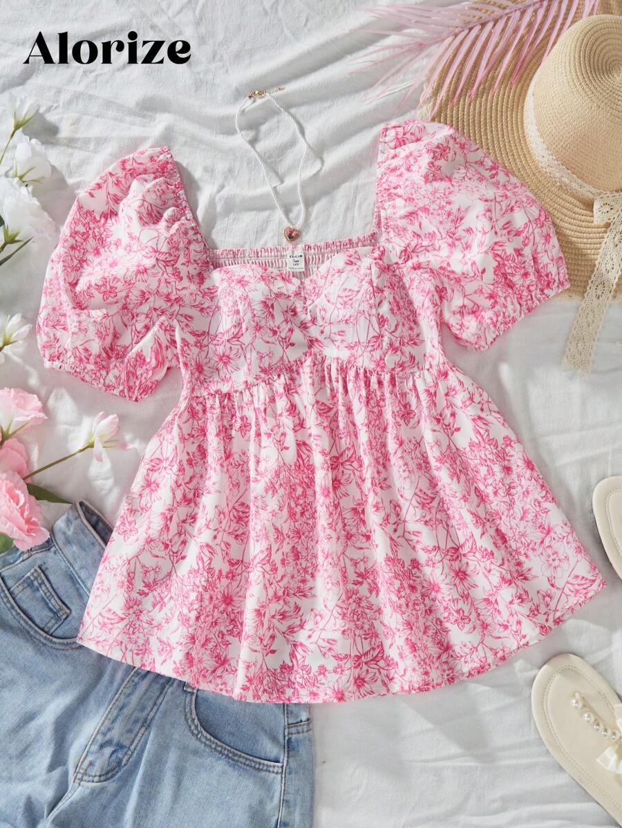 Teens' Girl Tiered Puff Sleeve Button Down Shirt With Printed Pattern