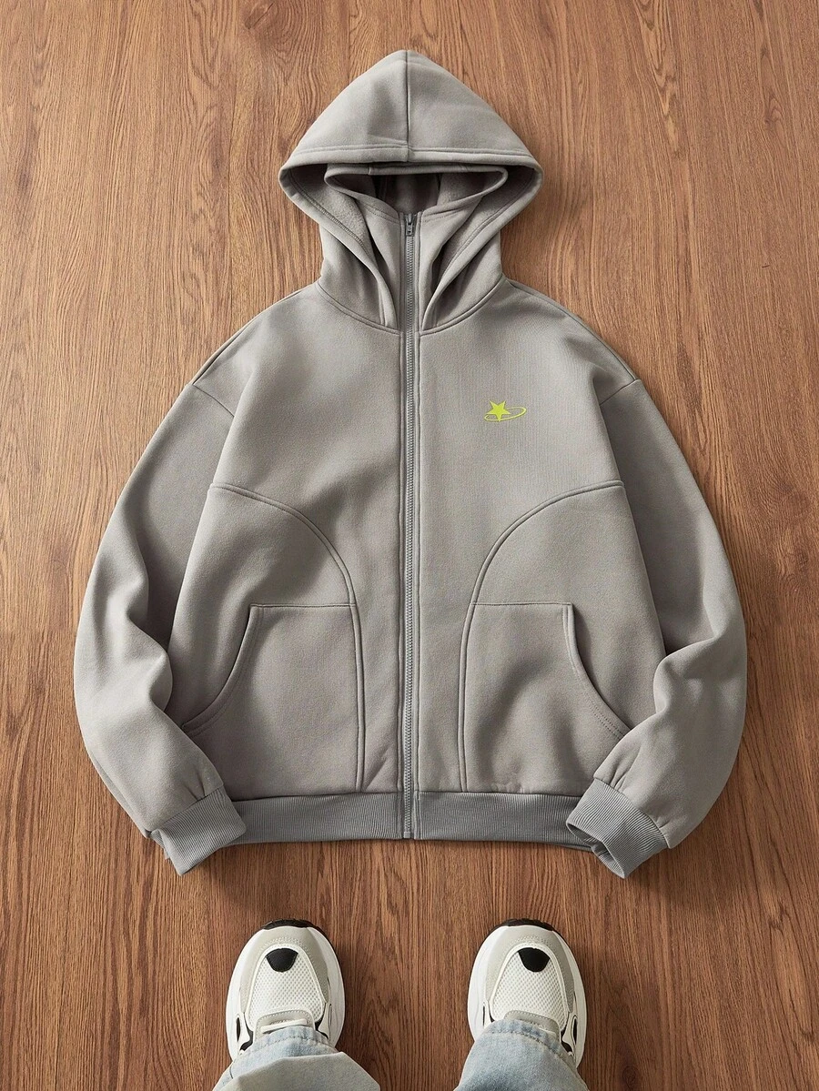 Manfinity Unisex 男士针织休闲宽松长袖连帽卫衣，秋季、冬季、情侣装 - 灰色 - 查看 1