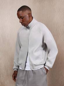 SUMWON Áo khoác Jersey Boxy Fit có khóa kéo phía trước, dày dặn, mặc mùa đông, mặc thường ngày, có khóa kéo cơ bản, trang phục lớp thiết yếu - Xám - Xem 2