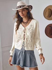 LanaWest Women's V-Neck Embroidered Stylish High-End Western Drawstring Bow Long Sleeve Cropped Cardigan, Autumn/Winter Fall Cloth For Women - Apricot - View 5