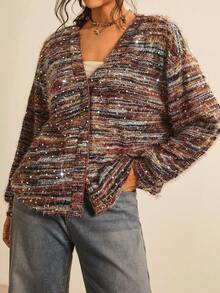 SHEIN LUNE Plus Size Women Casual Brown Sequin Cardigan,Long Sleeve Single-Breasted Knit Tops,Autumn Boho Vacation Fall Winter Business Work Teacher - Multicolor - View 4