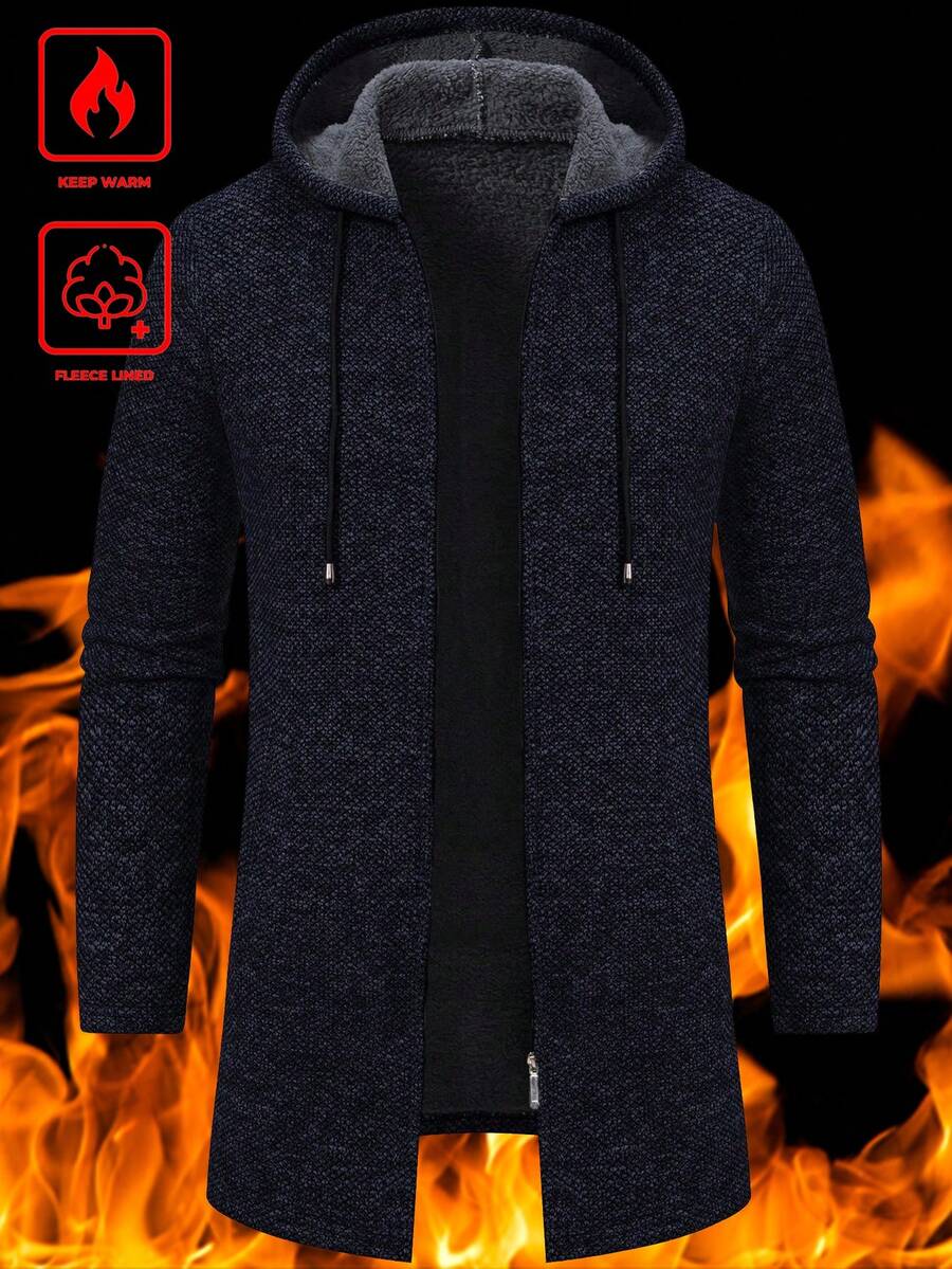 Manfinity Homme Cardigan à capuche doublé thermique de couleur unie pour hommes, sweats à capuche à manches longues d'hiver pour hommes, Pull-shirt zippé pour hommes, veste en tricot pour hommes doublée et épaissie, automne - Bleu marine - Voir 1