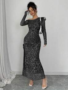 Rafferiza 优雅扎染渐变褶饰网眼豹纹印花不对称领口高开衩连衣裙长款女装 - 深灰色 - 查看 6