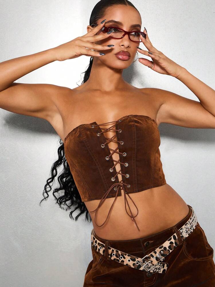 SUMWON WOMEN 레이스업 앞면이 있는 브라운 벨벳 코르셋 탑