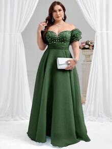 Coutiva 优雅落肩热格纹水钻深 V 领泡泡褶短袖摇摆舞会礼服，适合生日派对、毕业典礼、晚宴 - 墨綠色 - 查看 3