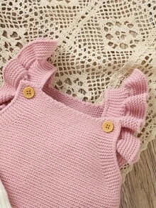 SHEIN Vintaside Kids 精致婴幼儿针织毛衣套装，手工钩织3D花卉外套，搭配荷叶边精致吊带连体衣，配以甜美头饰，温暖呵护宝宝成长的每一步，展现温馨童趣与时尚品味 - 粉色 - 查看 7